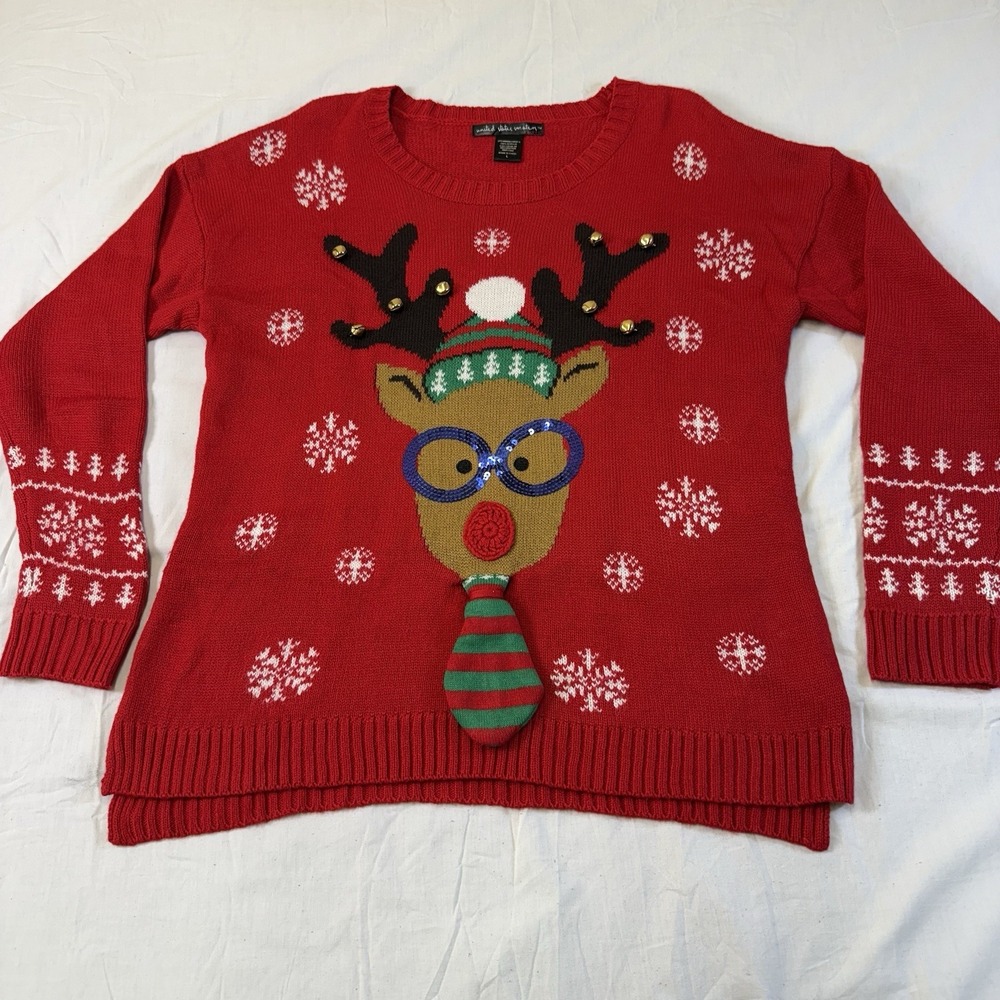 Woman's Christmas Sweater Large Red Christmas Rain Deer  Bells Colorful Funny‎